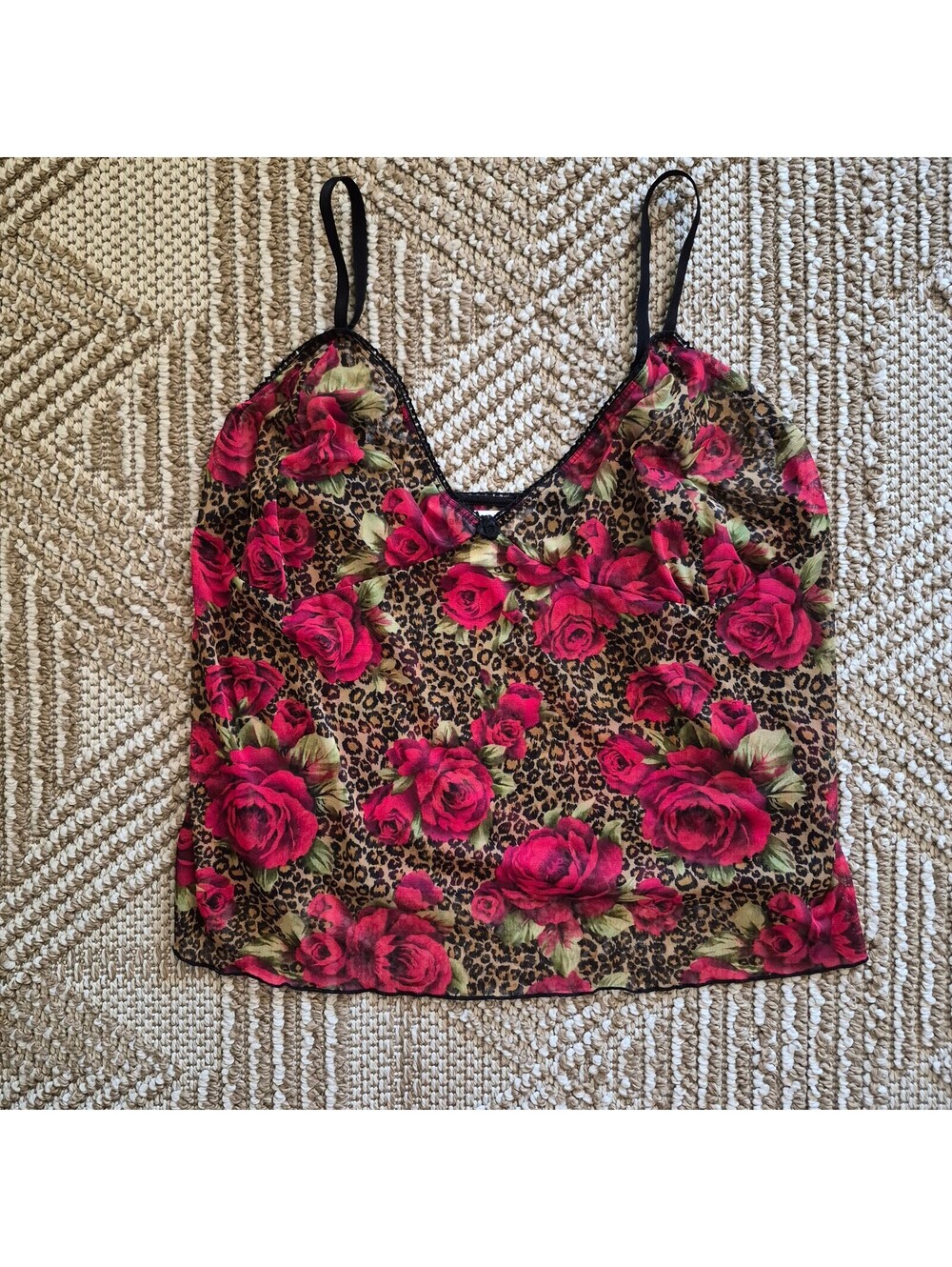Vtg Y2K Avenue Body Leopard Rose Mesh Cami Plus Size 22/24 Whimsigoth Grunge
